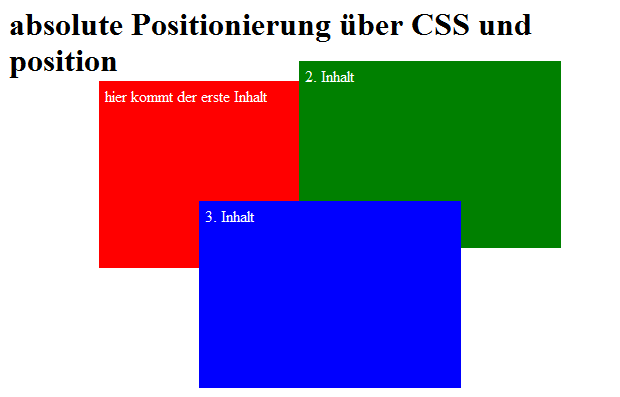 Aufgabe: bauen Sie folgendes Aussehen der 3 Boxen nach  mit position: absolute