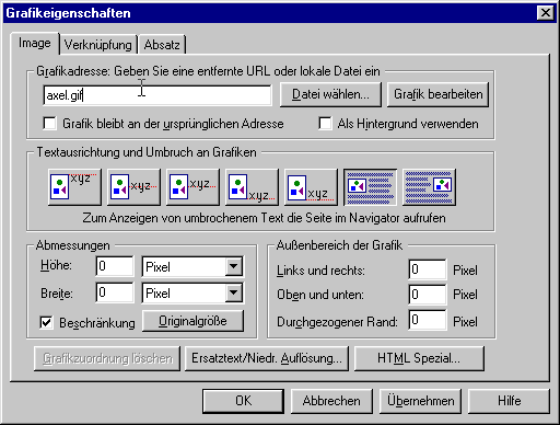 Netscape Composer Grafikdatei wählen