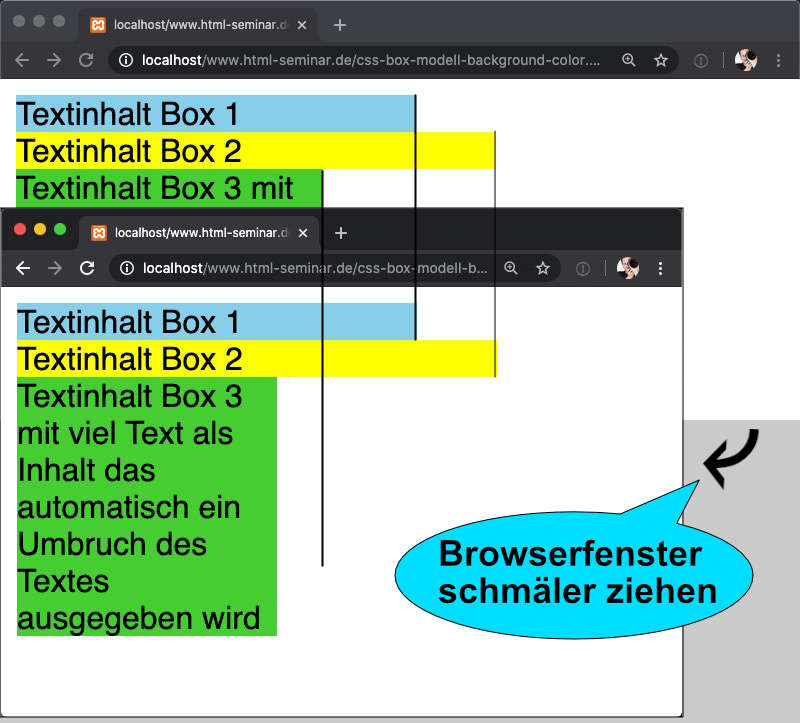 Breite des Browserfensters verändert – grüne Box passt sich an