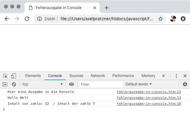 Ausgabe in Konsole über console.log() und console.info()