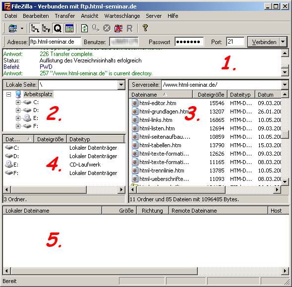 Bereiche in FileZilla Bereiche in FileZilla