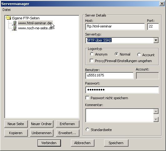 Servermanager bei FileZilla Servermanager bei FileZilla