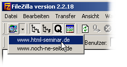 Auswahl der FTP-Webserver bei FileZilla Auswahl der FTP-Webserver bei FileZilla