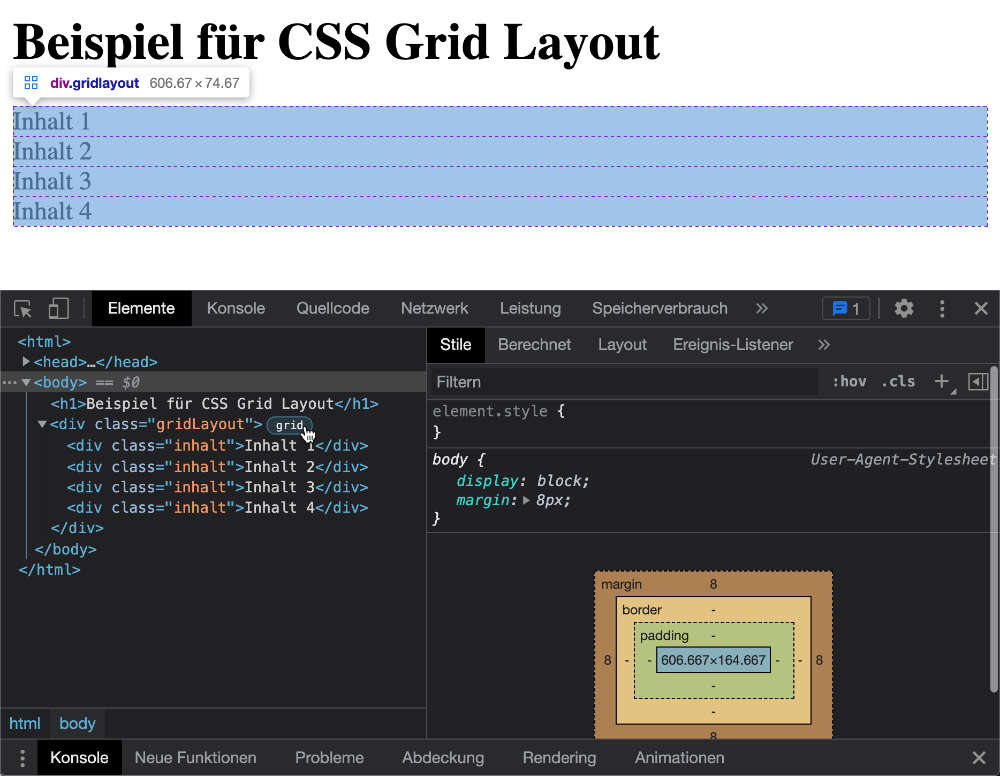 in Chrome das Grid-Element analysieren