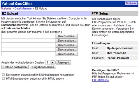 kostenlosen Webspace bei Yahoo zusätzliches Upload-Interface