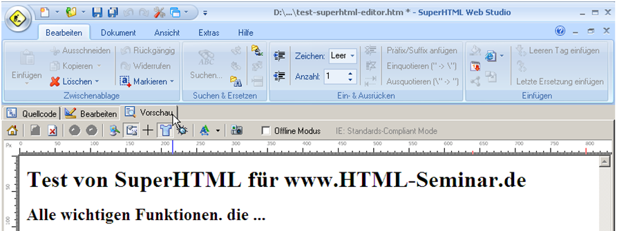 Vorschau im SuperHTML Web Studio