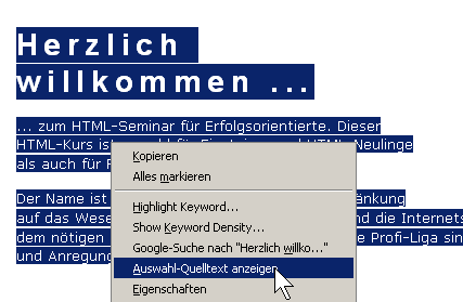 Bereich auswählen für Quellcode-Anzeige