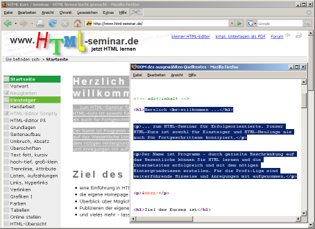 Quellcode-Anzeige des ausgewählten Bereichs Quellcode-Anzeige des ausgewählten Bereichs